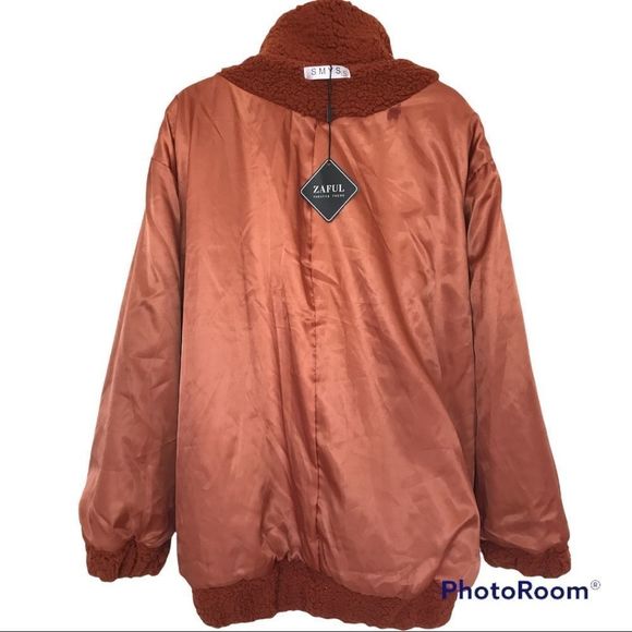 Zaful Women Solid Rust Zip Up Drop Shoulder  Oversized Teddy Cozy Sweate… - Picture 12 of 16